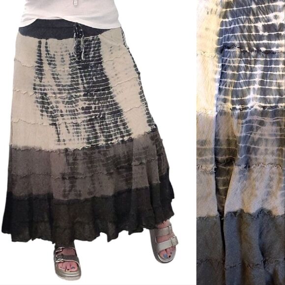 VTG Y2K Black Cream Color Tie Dye Tiered Grunge Cotton Skirt Large - Picture 1 of 12